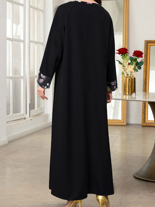 Women's Arabic Abaya Dress Patchwork Floral Print Kaftan Robe Long Sleeve Round Neck Loose Flowy Dress