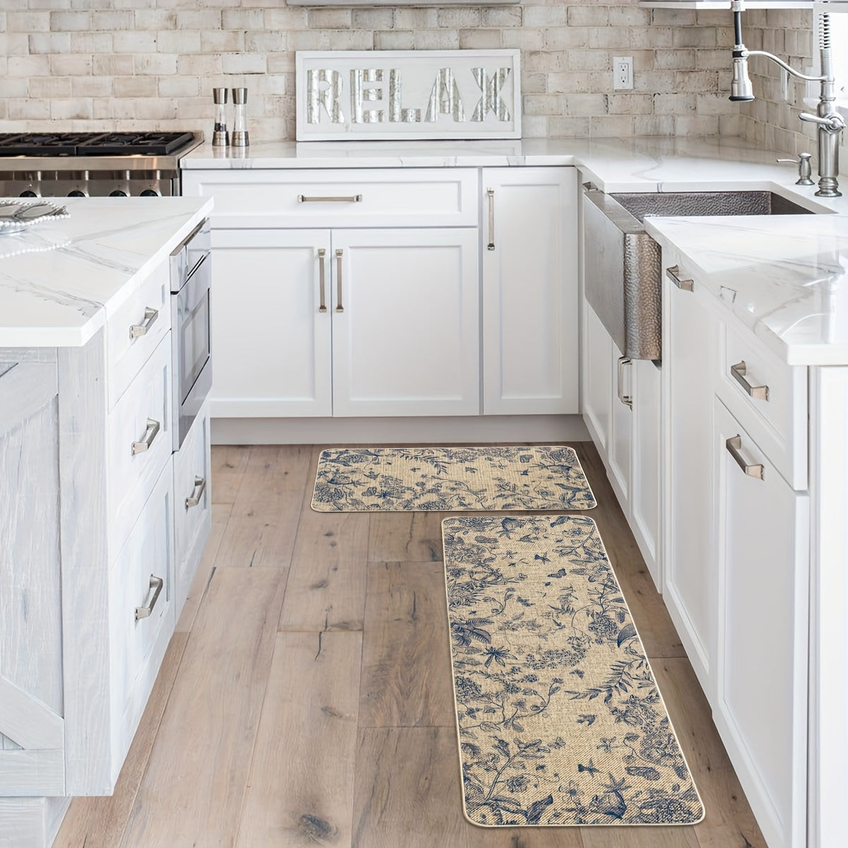 Flower Bird Leaves Kitchen Mats, Home Decor Low-Profile Kitchen Rugs For Floor - 17x29 Inches And 17x47 Inches