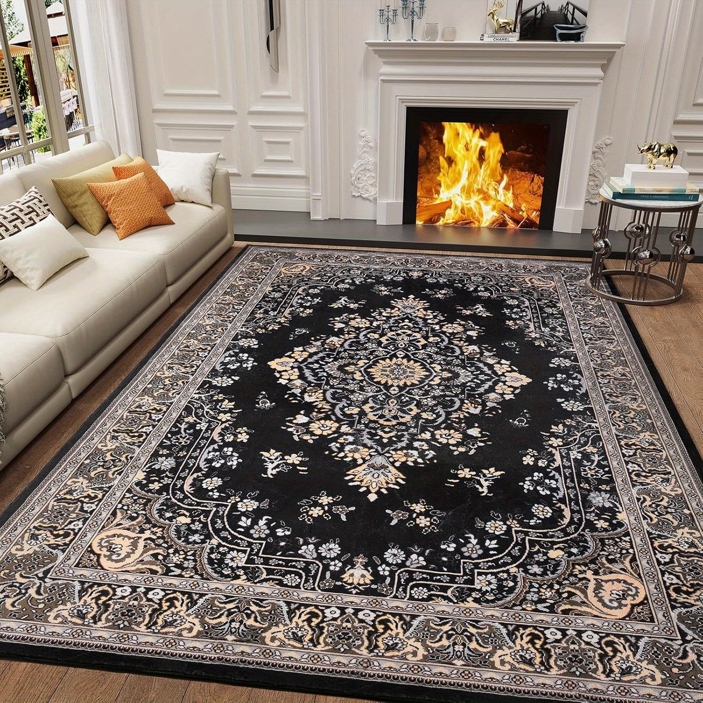 [Vintage Rug] 5x8 Vintage Rug | Black Floral Faux Wool Non Slip Washable Low Pile Indoor Doormat for Bedroom, Entryway, Kitchen, Bedside