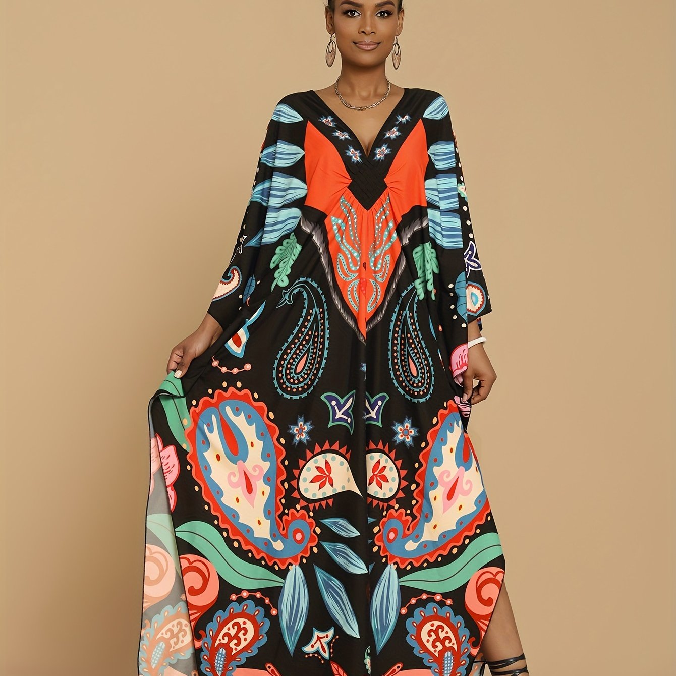 Vibrant Bohemian Kaftan Dress - Four-Sided Elastic V-Neck, Bat Sleeves, Beach Cover-Up
