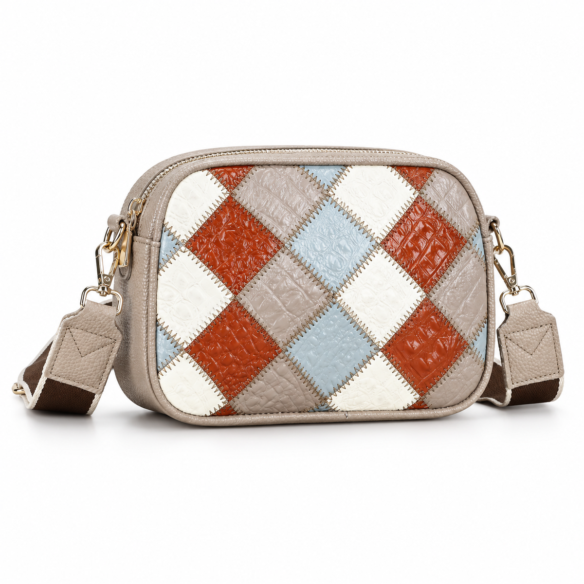 Beige Multicolour Diamond Patchwork Crossbody Bag