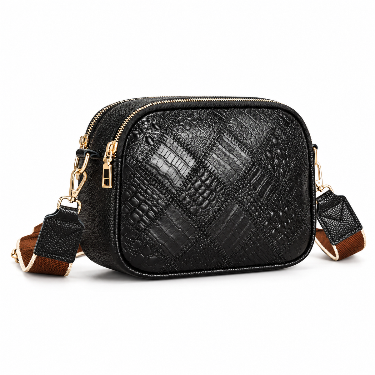 Elegant Black Crocodile Embossed Crossbody Bag