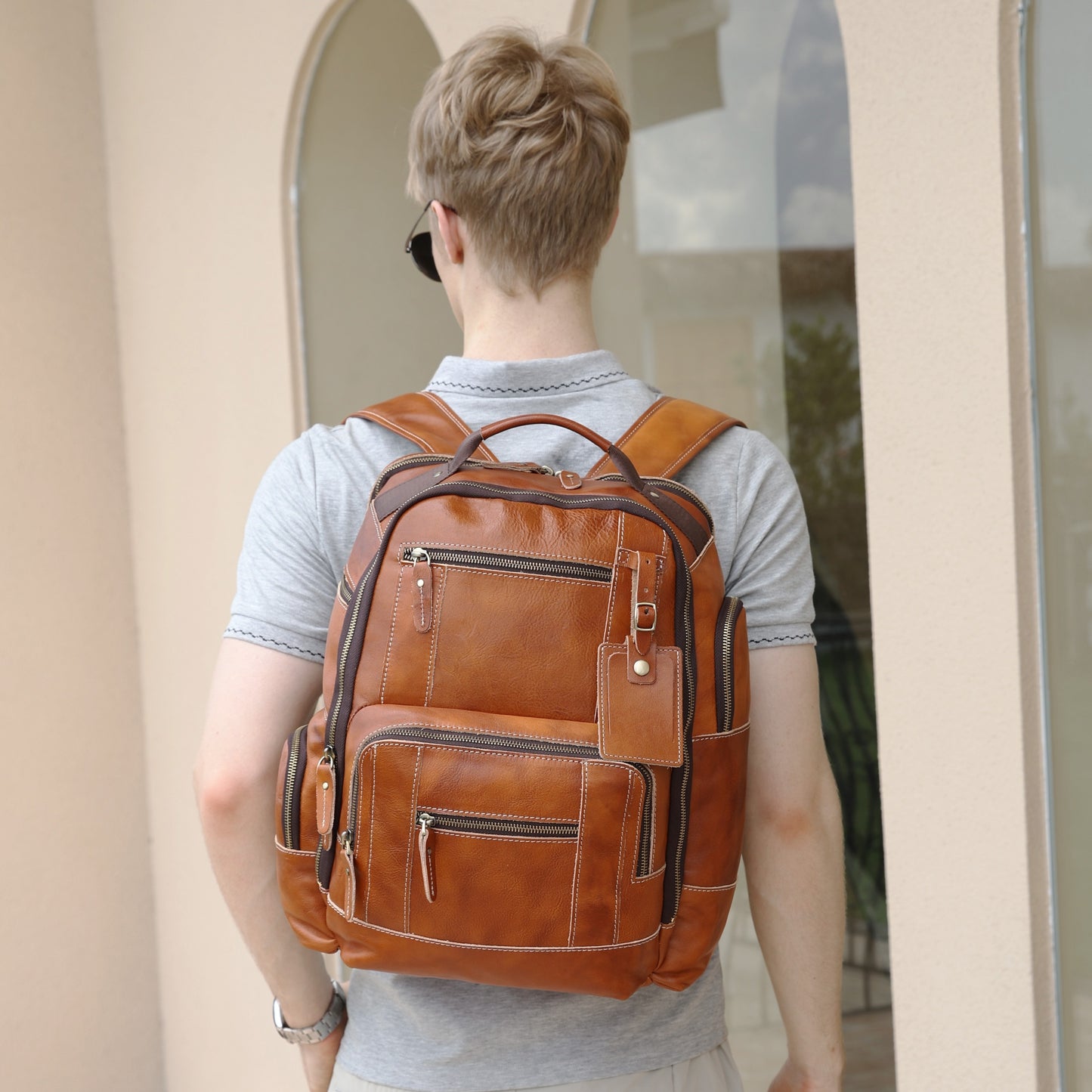 Vintage Genuine Leather Laptop Bag for Men, 15.6" Laptop Compatible, Large Capacity 6.34gal Rucksack with Multiple Zippered Pockets