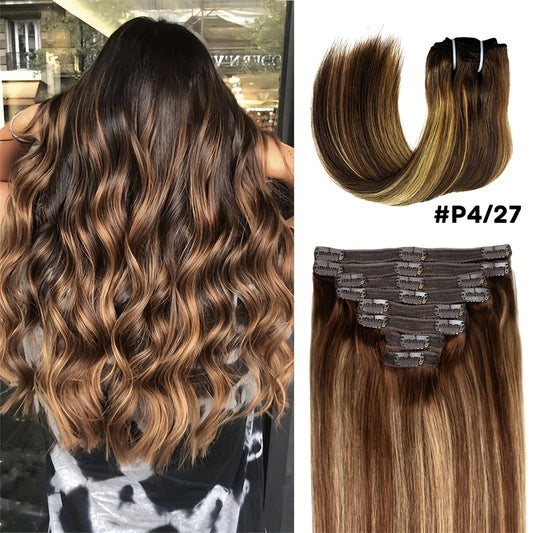 8pcs Brazilian 100% Human Hair Hair Extensions with 18 Clips In - #4/27 Highlight Straight Hair Suitable for Women, Highlights, Volume & Length, 4/27 Color Match for Afro Hair
