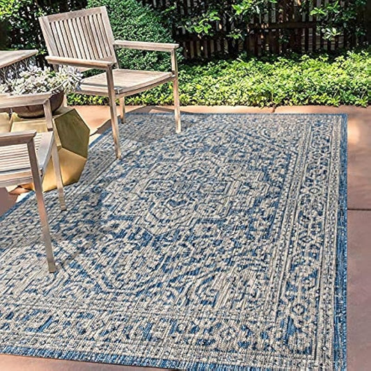 Textured Weave Indoor Outdoor Navy Gray 3 ft. x 5 ft. Area Medium Rug Coastal Easy Cleaning For High Traffic Kitchen Living Room Backyard Non Shedding