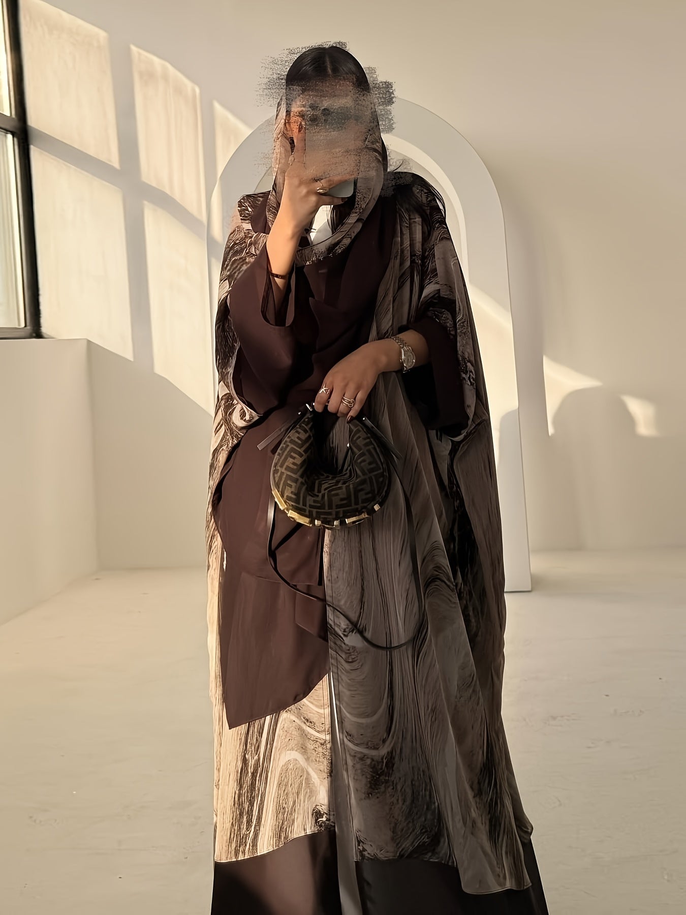 Elegant Brown Floral Print Abaya with Headscarf - Stylish Loose Fit, Long Sleeve, Button-Up Cardigan for Women, Perfect for Casual or Formal Occasions, Casual Wear|Floral Print Abaya