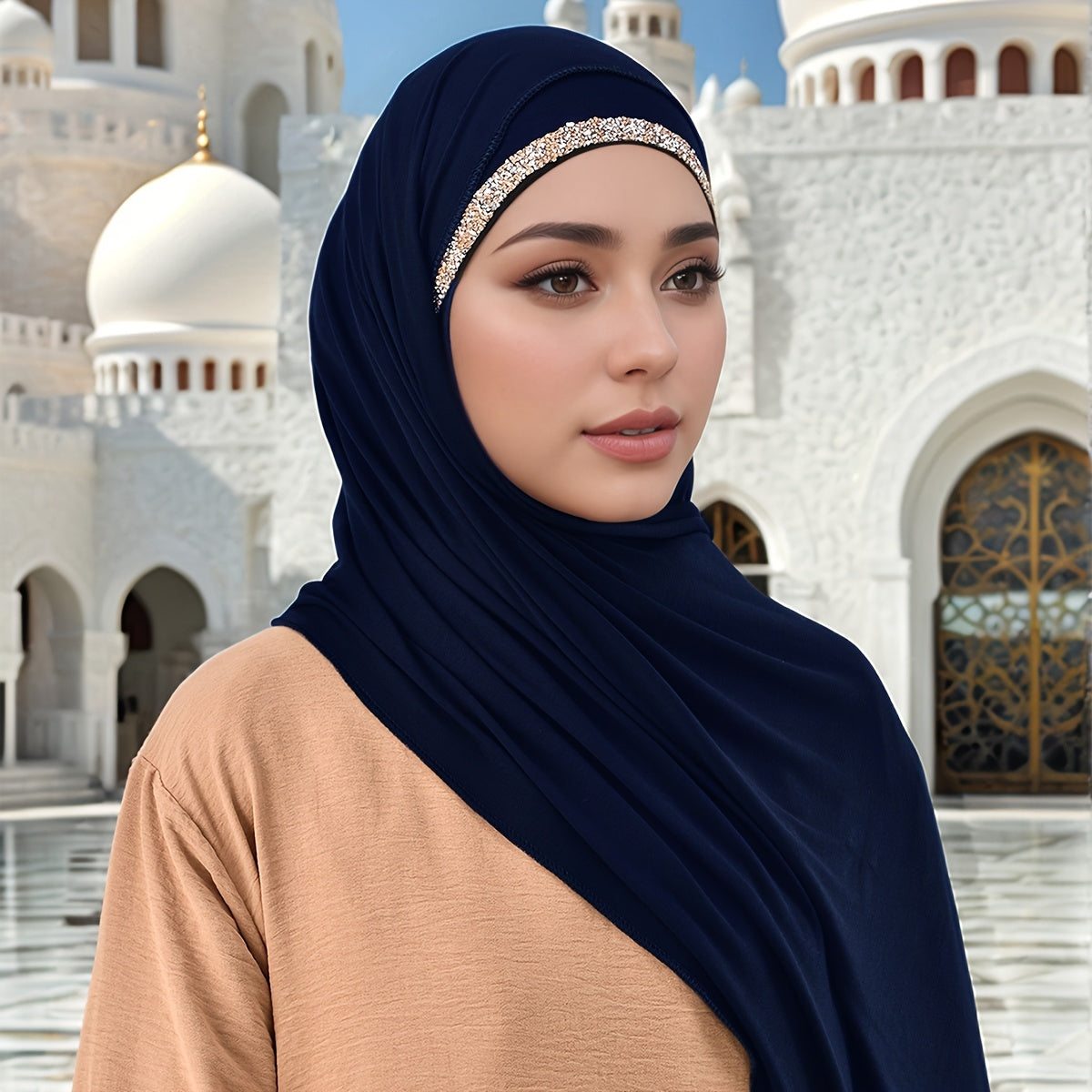 2pcs Ladies Elegant Rhinestone Decorated Headscarf And Cap + Solid-colored Hijab - Breathable, Lightweight And Soft, Suitable for Daily Outings