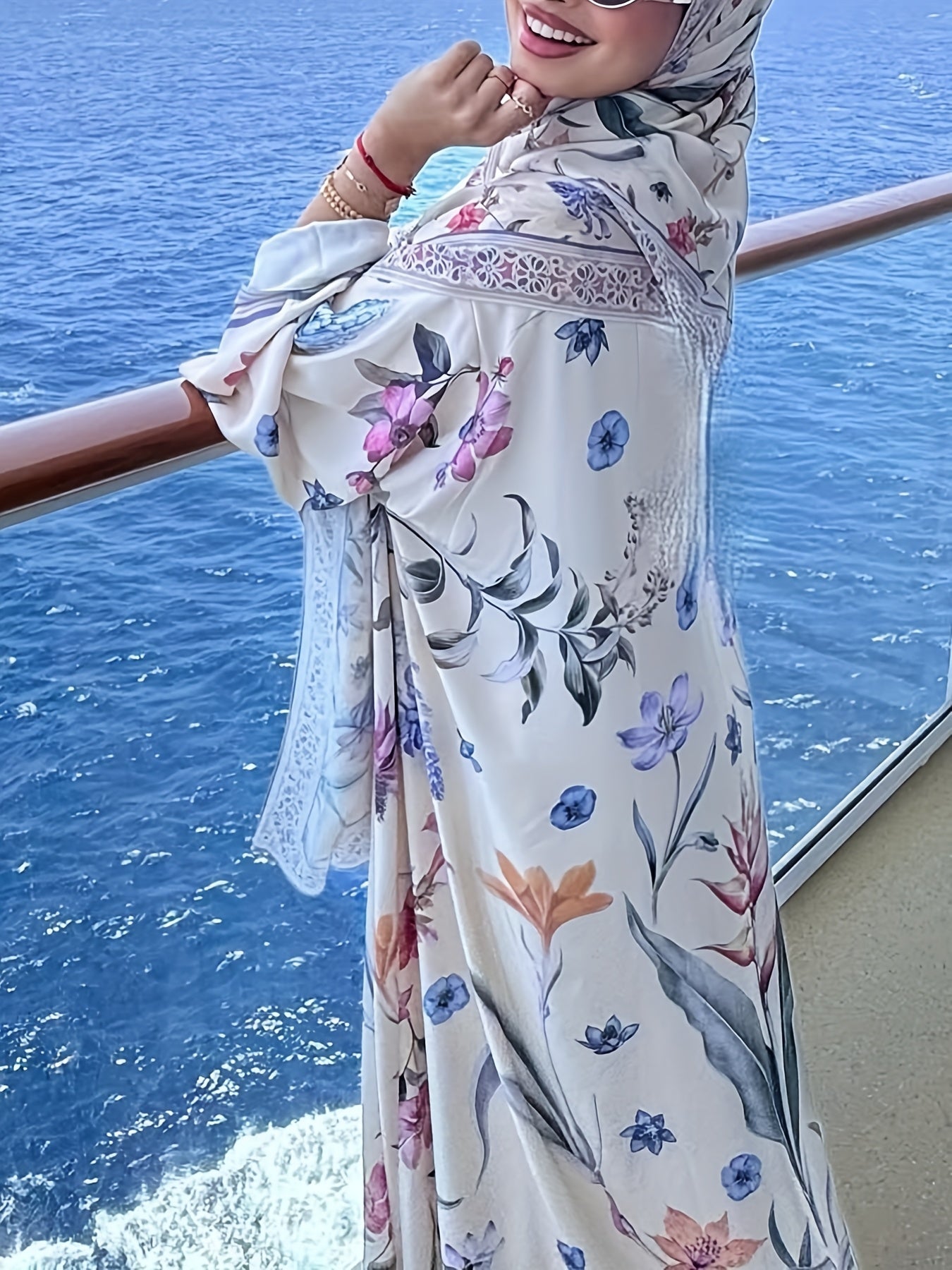 Floral Print V-Neck Abaya Robe with Long Sleeves - Lightweight Loose Fit Long Dress and Headscarf Set for Women, Spring/Summer Collection, Versatile Fashionable Long Robe, Headscarf 2pcs