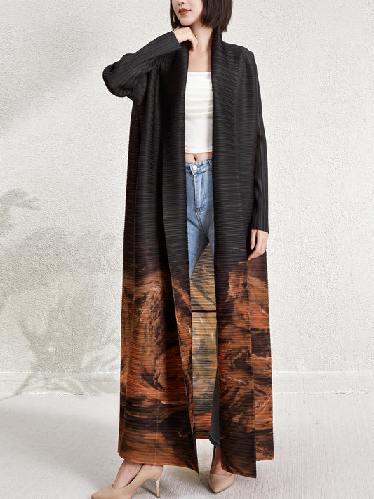 Elegant Middle Eastern Dubai Vacation Abaya Robe - Plus Size Loose Fit Pleated Geometric Print Open Front Cardigan Dress, High Elasticity Machine Washable Long Sleeve Belted