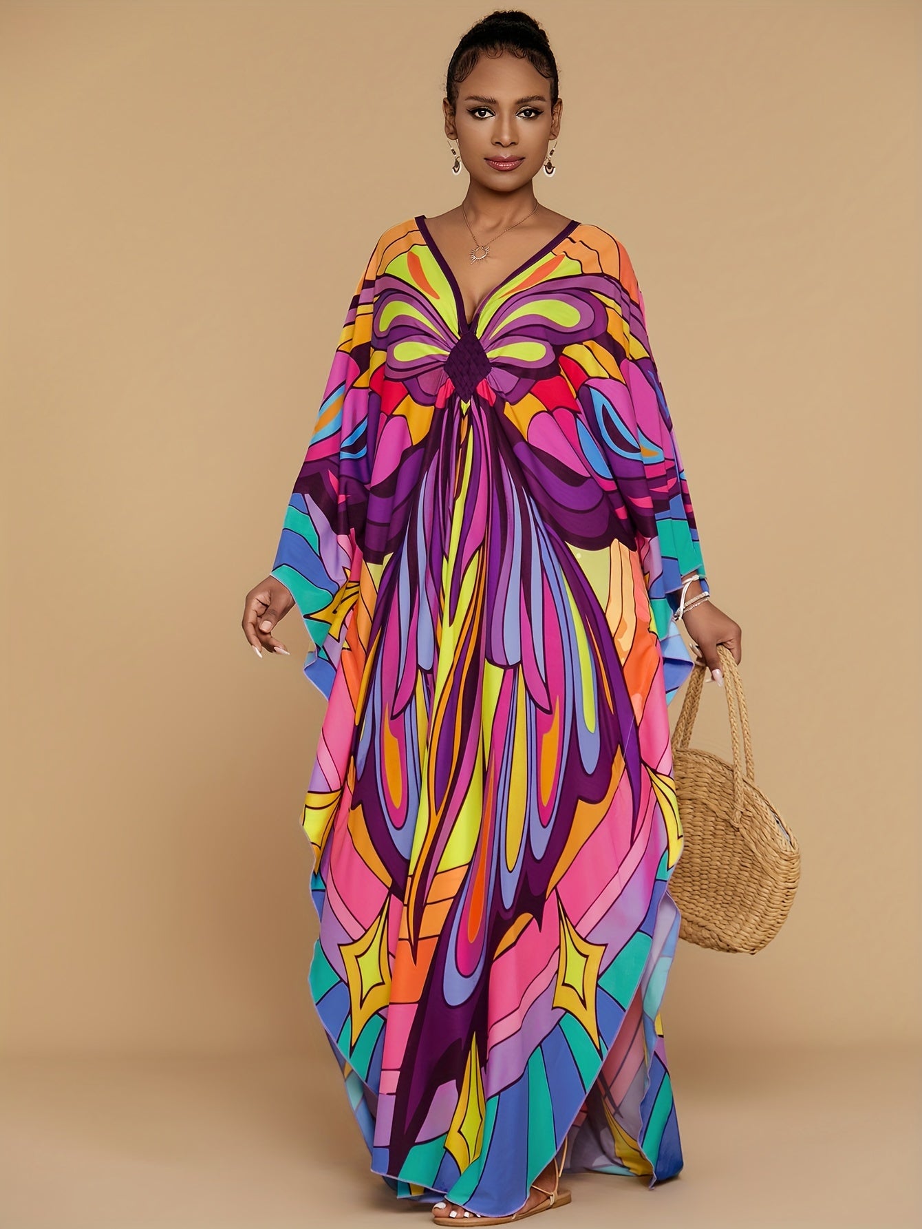 Vibrant Bohemian Kaftan Dress - Four-Sided Elastic V-Neck, Bat Sleeves, Beach Cover-Up