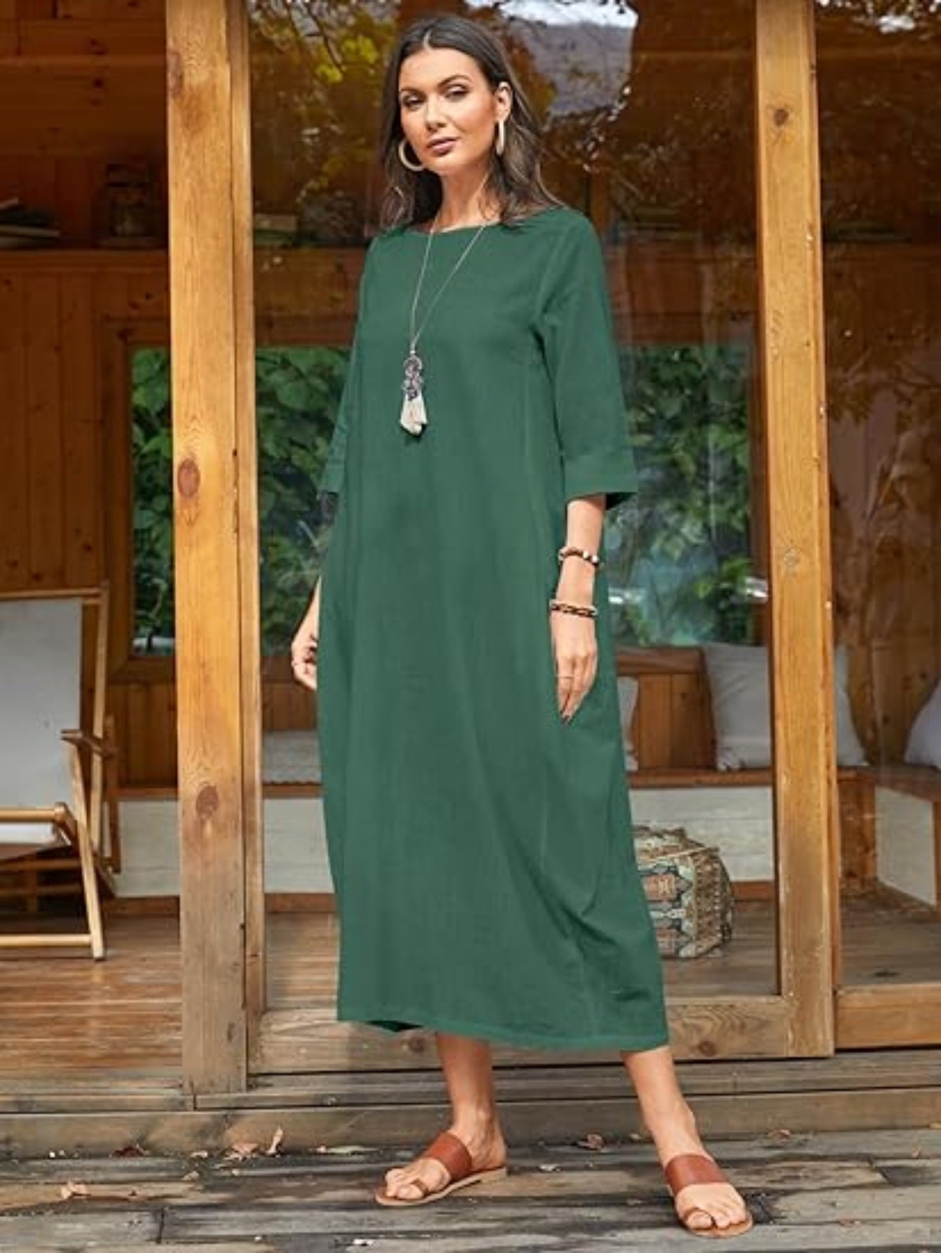 Women'S Elegant Long Dress Caftan Gown - Flowy A-Line Maxi Dress, Soft Everyday & Formal Outfit for Women, All-Season Casual to Formal Events, Versatile Clothing, Round Neckline, Comfortable Wear, Event Attire, Simple Design,