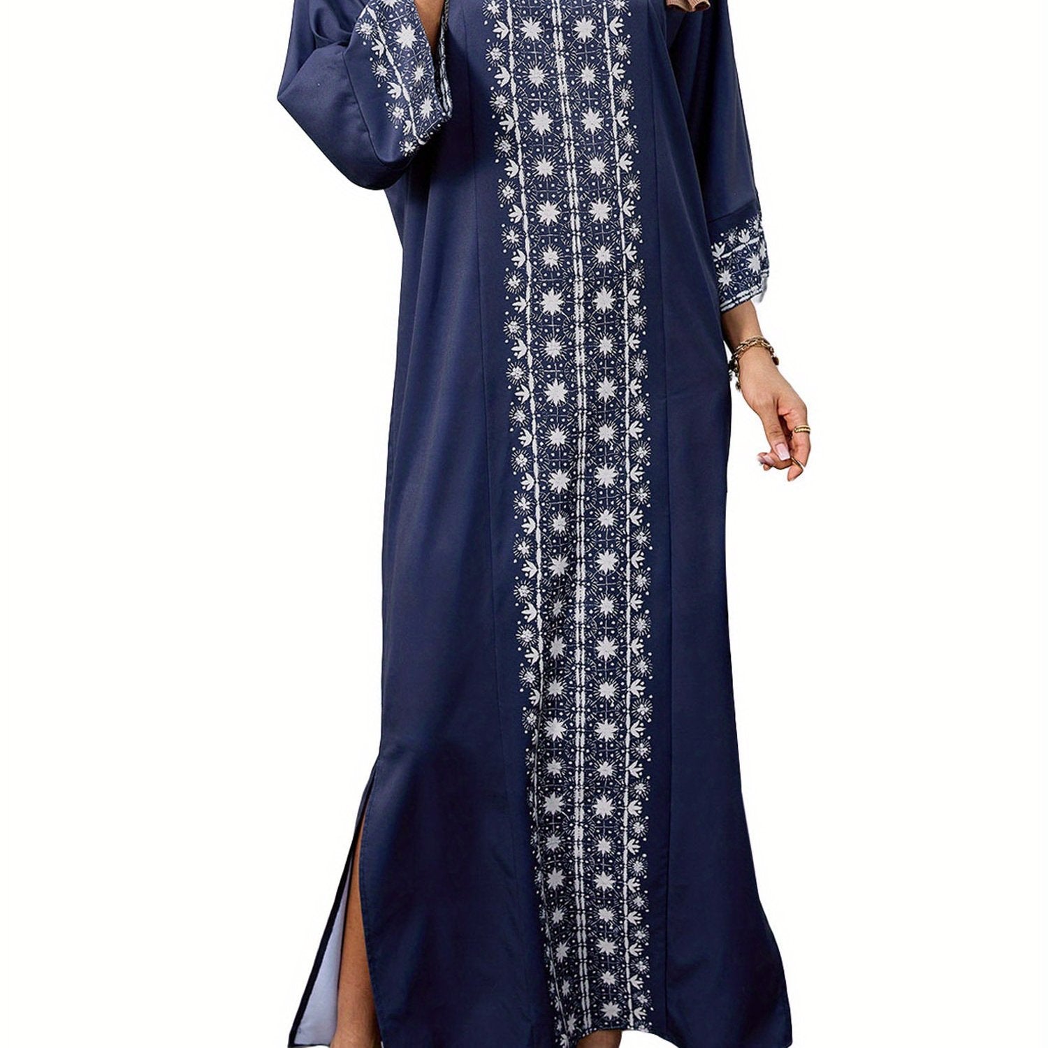 arab loose dress Women Ramadan Dress 3/4 Sleeves V-Neck Loose Long Dress Print Arab Robe Kaftan Gowns