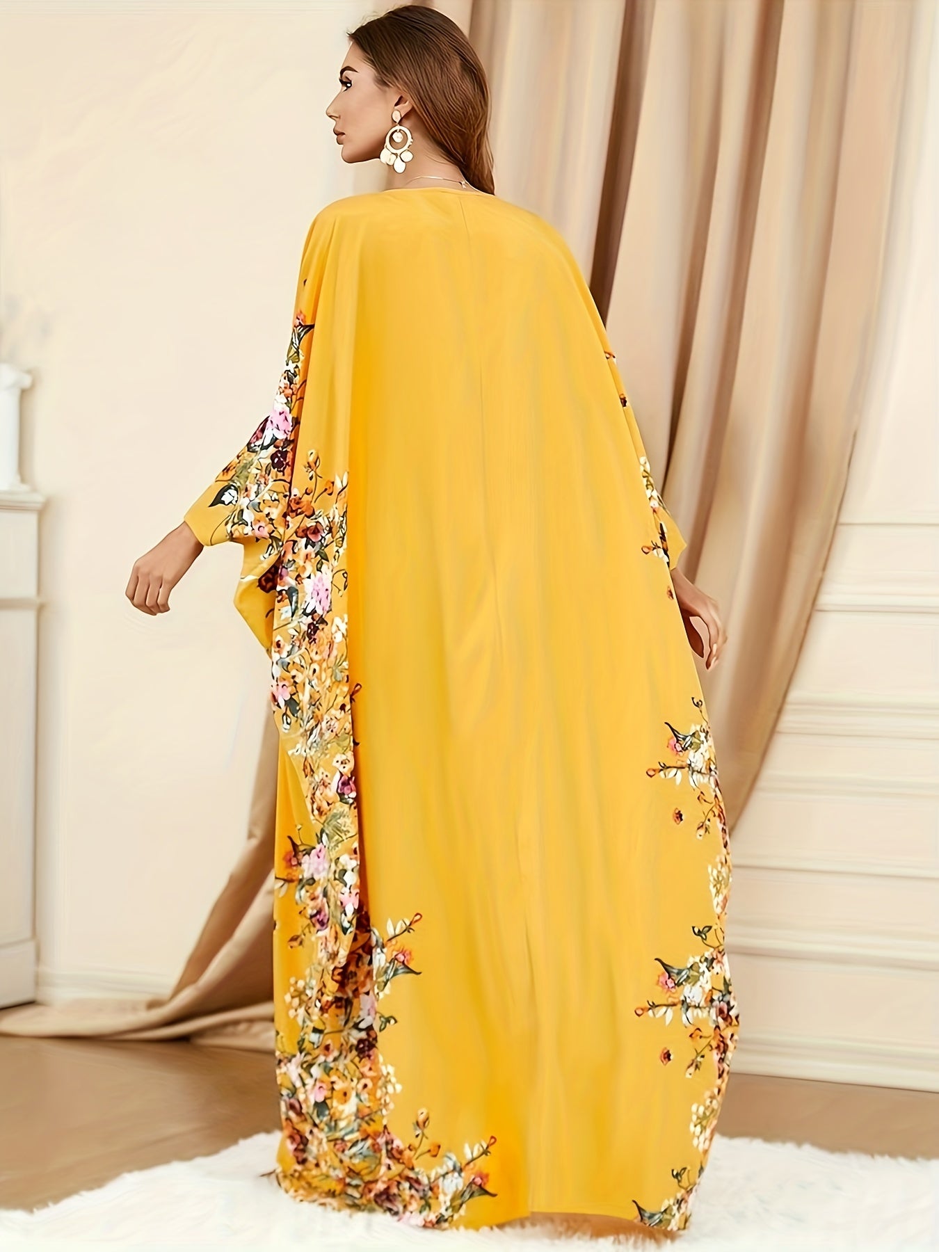 Floral Print Crew Neck Kaftan Abaya, Elegant Batwing Sleeve Split Maxi Dress, Women's Clothing