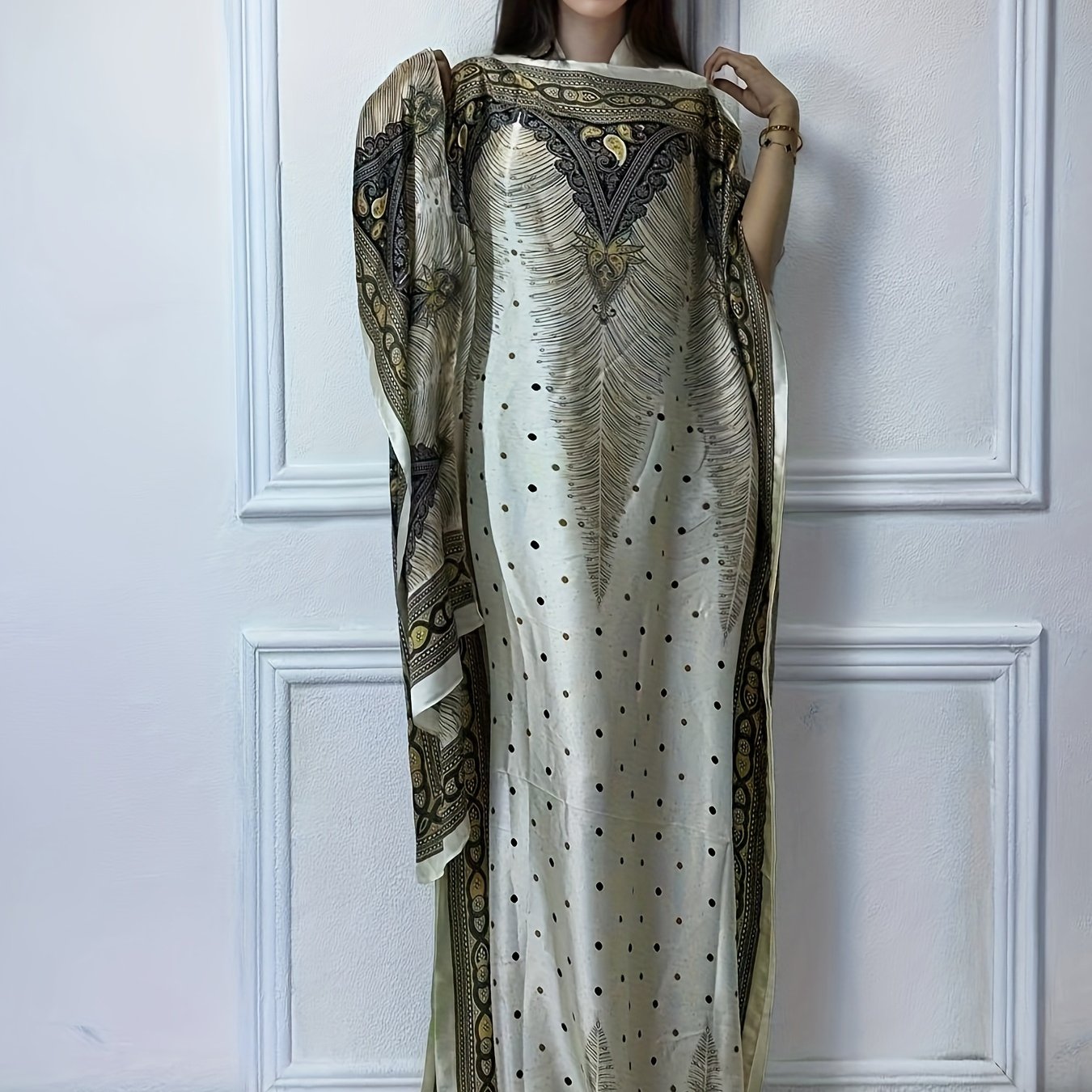 Print Abaya | Women's Clothing | Elegant Short Batwing Sleeve Kaftan | Loose Dress With Scarf | For Spring & Summer