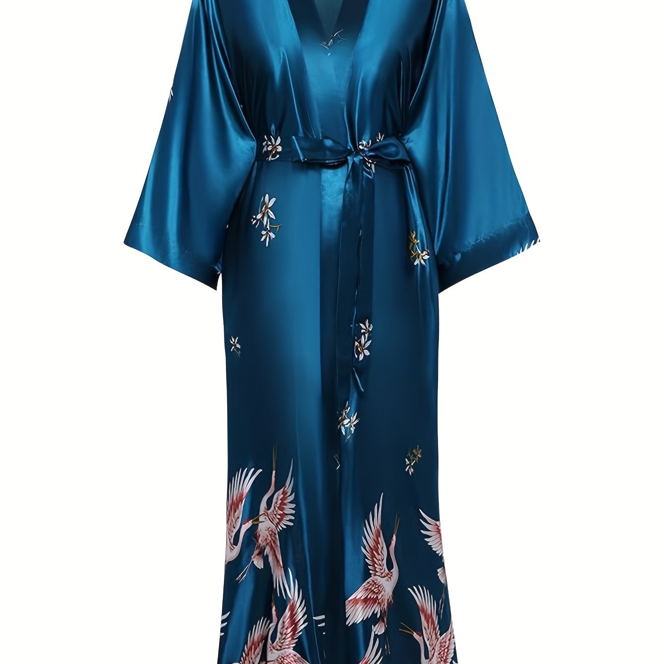 Long Kimono Robe Satin Sleepwear Blouse Bathrobe Nightgown Floral Crane Kimono Cardigan Robe