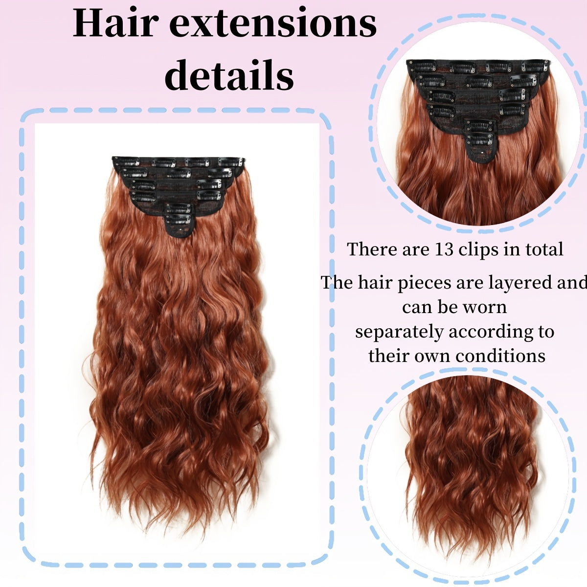 A Set of 6pcs of 20-Inch Hair Clips for Women, Featuring Long Wavy Synthetic Hair Made from High-Quality Heat-Resistant Fibers. The Matte End Withstands High Temperatures, And The Multiple Pieces Create a Fuller Look