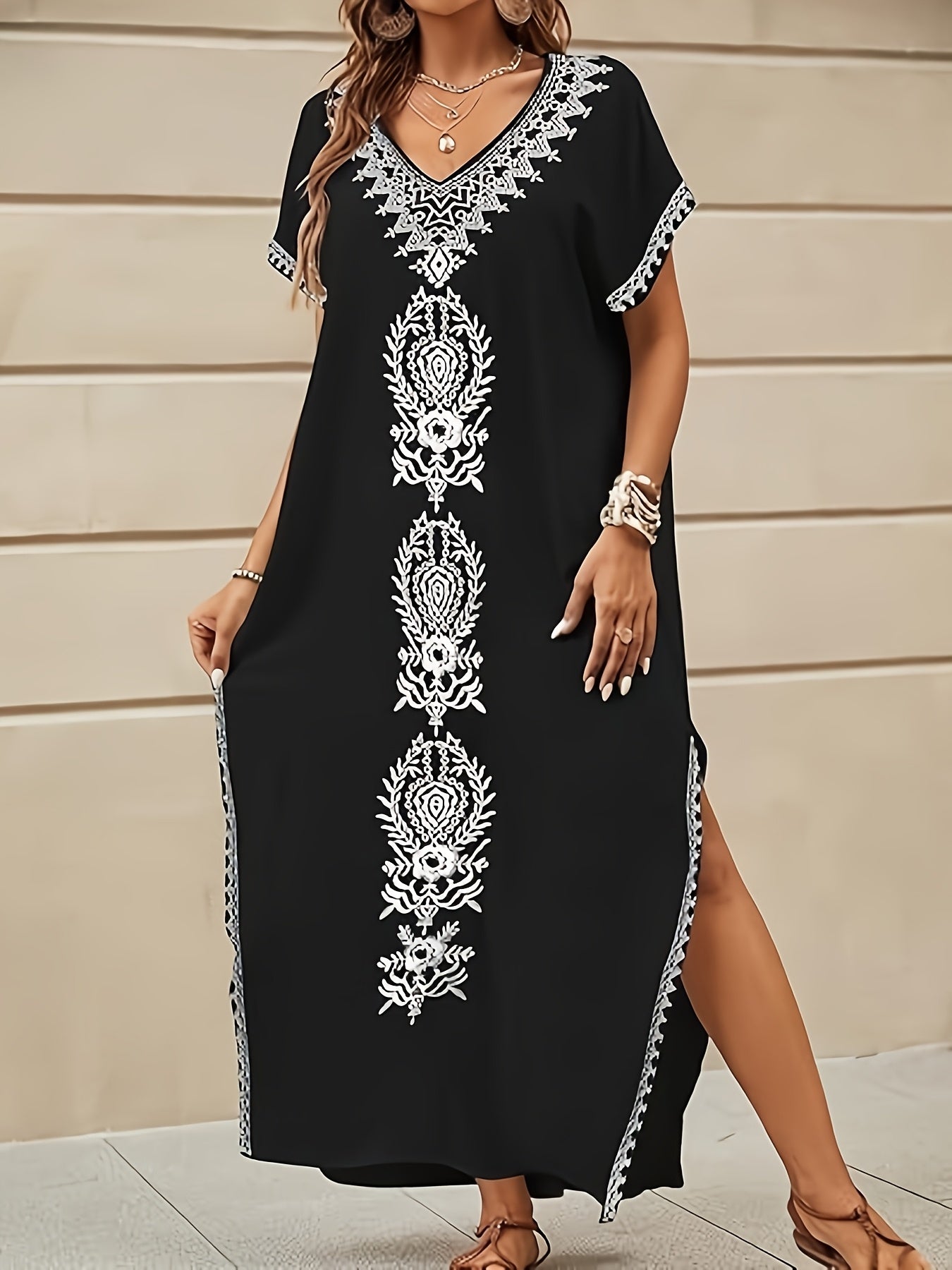 Embroidery Long Kaftans for Women Bathing Suit Cover Up V Neck Kaftan Loungewear Maxi Dresses Black