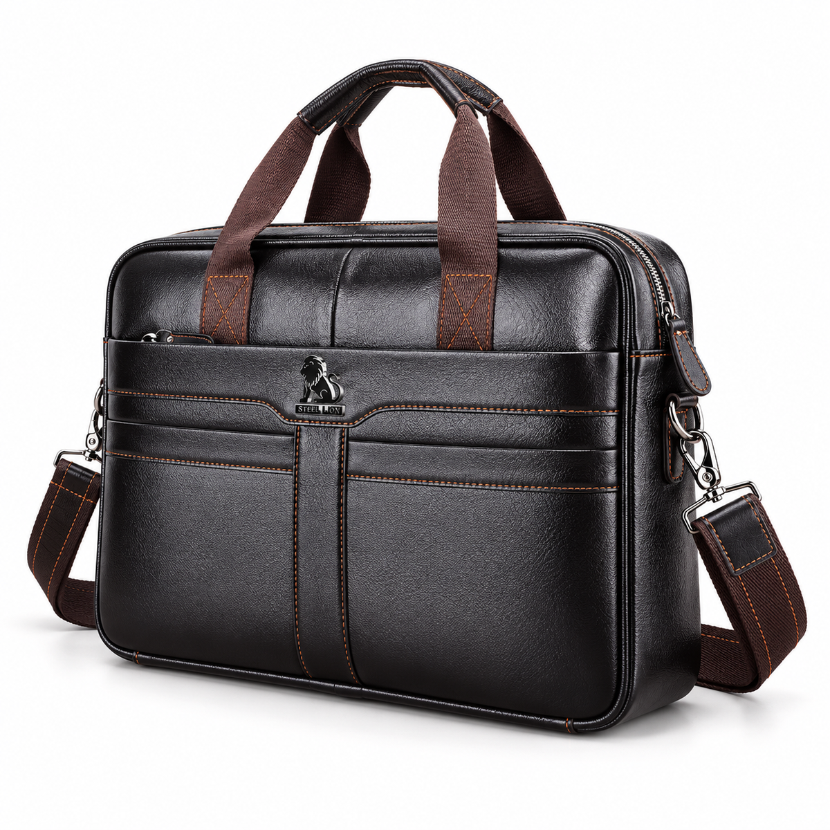 Classic Coffee Leather Briefcase With Strap