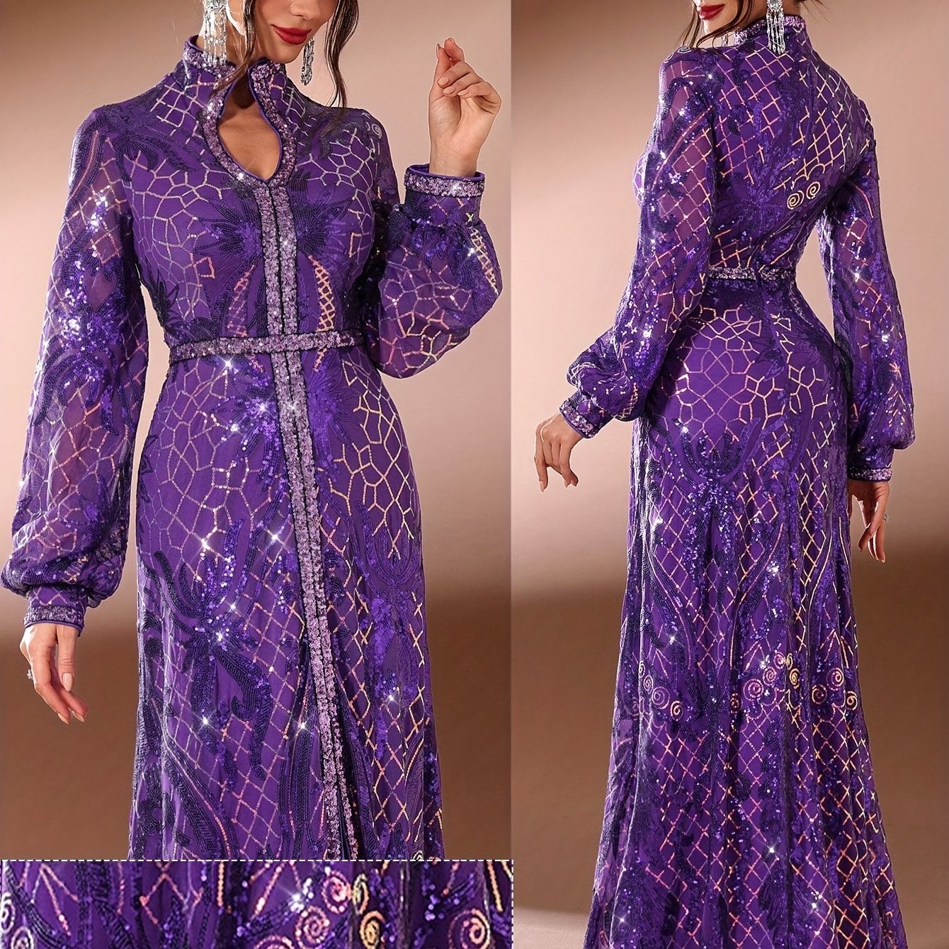 Elegant Women's Long Arabian Abaya Gown - V-Neck with Sequin Detail, Long Sleeves, High-Low Hem, Zipper Closure, Perfect for Formal Events, Birthdays, and Banquets, Banquet Attire, Striped Texture, Intricate Design