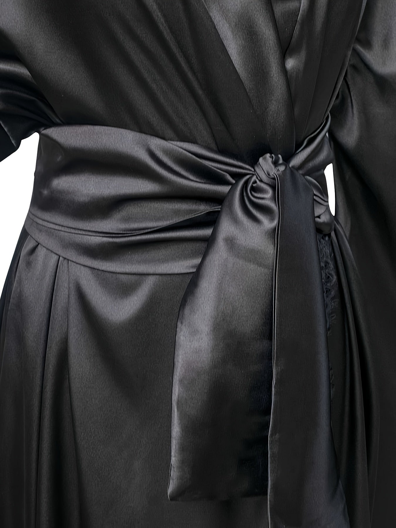 Women's Black Satin Robe - Elegant Long Lace Kimono, Lightweight Bridal Sleepwear for Wedding Day, Polyester, Contrast Lace Detail, Bride Lingerie