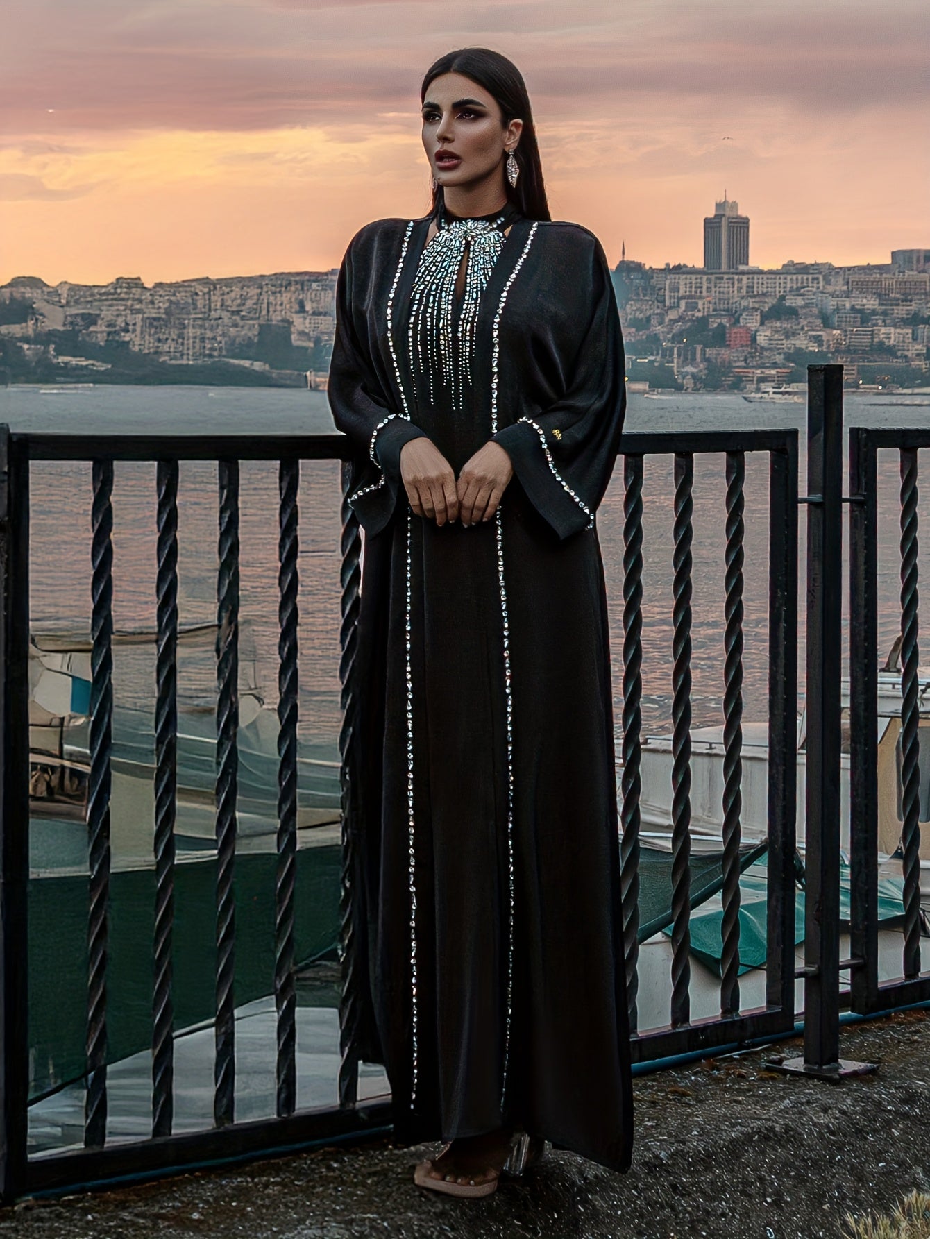 Arabian Style Black Abaya Two-Piece Set! with Rhinestone Embellishments, Luxurious and Elegant