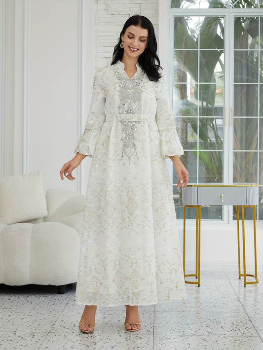 Elegant Women's Traditional Middle Eastern Abaya Dress with Embroidered Mesh Overlay - Long Sleeve, Belted Waist, Loose Fit, Geometric Pattern, White & Golden Design for Spring/Summer/Fall, Cultural Attire | Intricate Embroidery