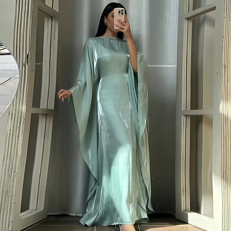 Women's Elegant Satin-Like Abaya Robe - Loose Fit Long Sleeve Breathable Muslim Dress with Middle Eastern-Inspired Design, Non-Stretch Fabric & Luxury Accessory Inclusion for Parties