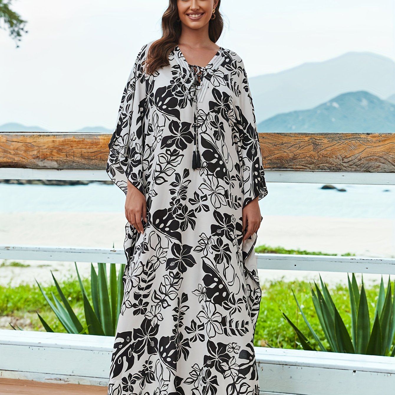 Women's Floral Print Beach Cover-Up Kaftan Dress Floral Pattern, V-Neck With Tie, Loose-Fitting Ethnic Style Casual Maxi Dress