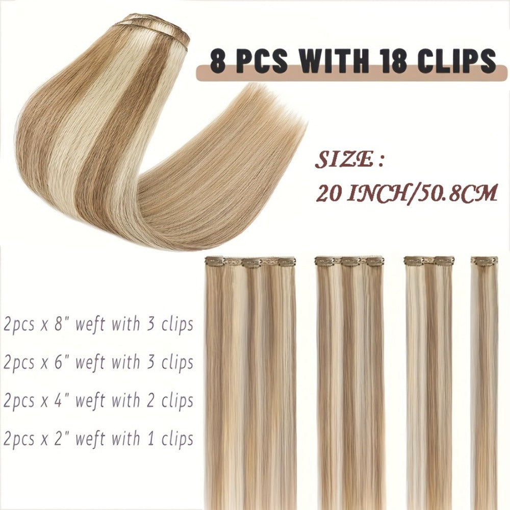 Set of 8pcs of Straight Human Hair Extensions with Double Weft, Featuring 18 Clips, Available in Lengths from 8 to 26 Inches, Color #12P613