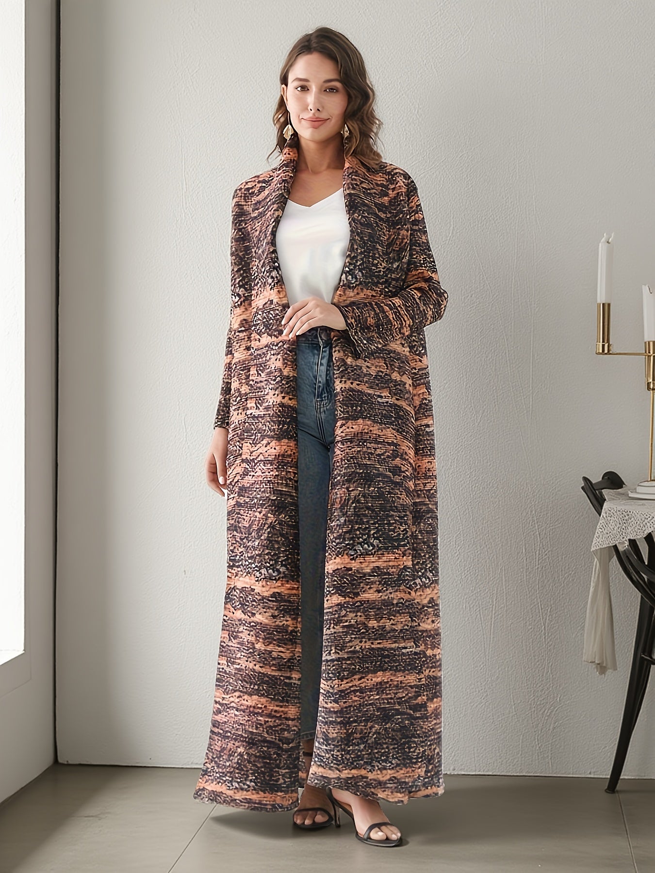 Printed Sleeveless Long Robe Abaya with Leopard Print, Pleated Detailing & Adjustable Waist Belt - Machine Washable Mid-Stretch Fabric for All-Season Wear, Versatile Outerwear, Flowing Silhouette