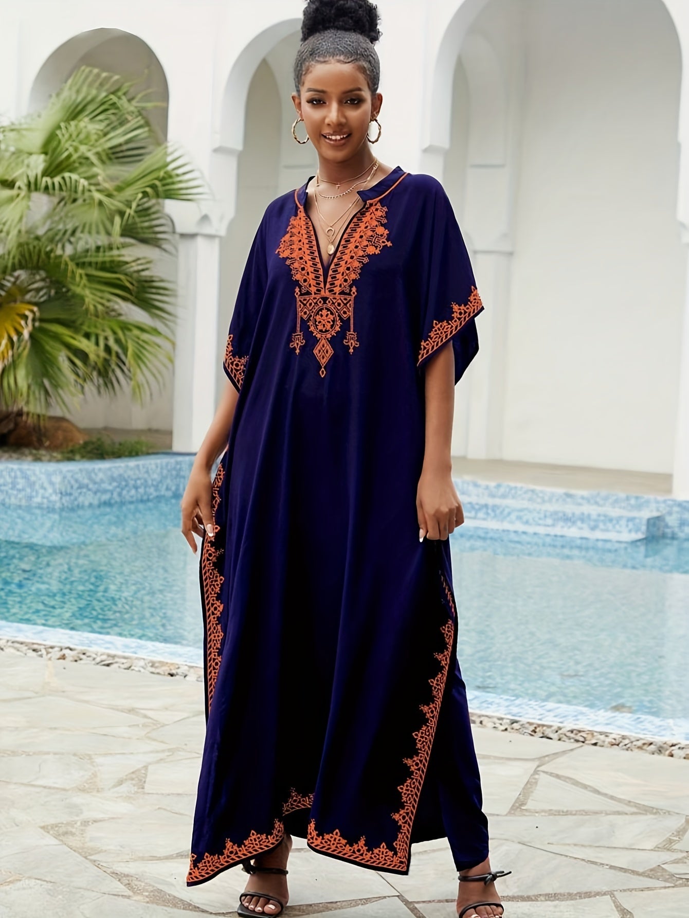 Batwing Sleeve House Kaftan Dress | Embroidery Batwing Sleeve House Kaftan Dress
