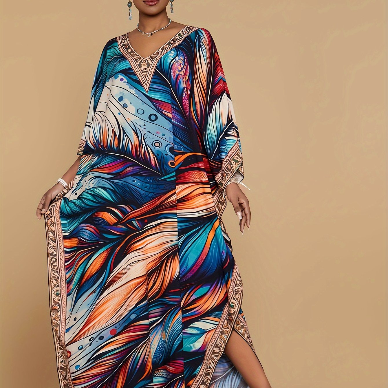 Vibrant Bohemian Kaftan Dress - Four-Sided Elastic V-Neck, Bat Sleeves, Beach Cover-Up