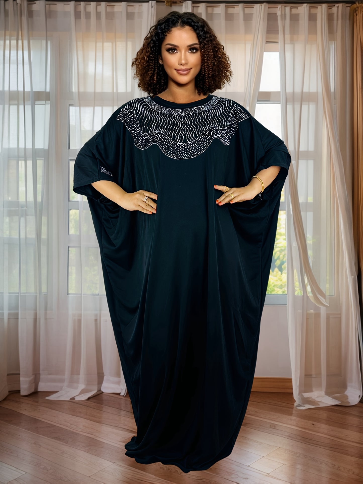 Plus Size - Plus Size - Zuan005#Black Long Robe with Rhinestones on The Front And Back