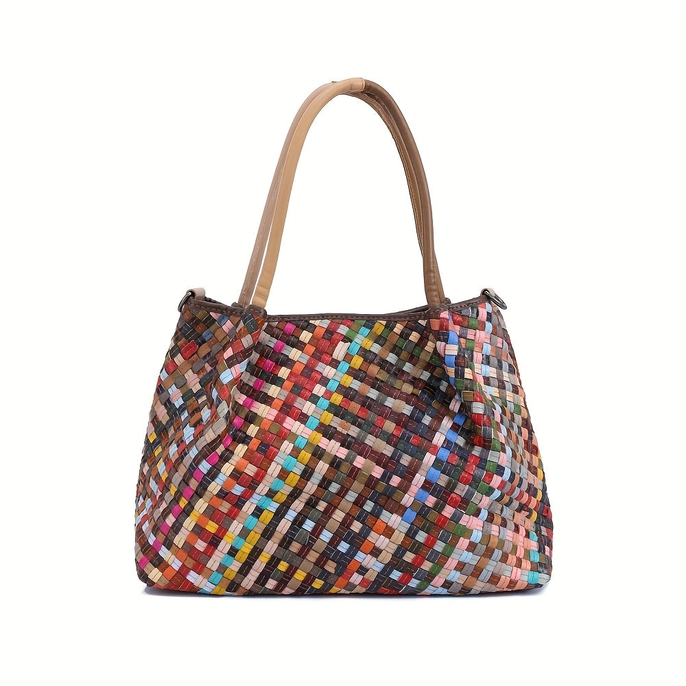 Genuine Leather Woven Women's Bag with Adjustable Crossbody Strap, Colorful Striped Design Options, Perfect for Casual or Formal Occasions
