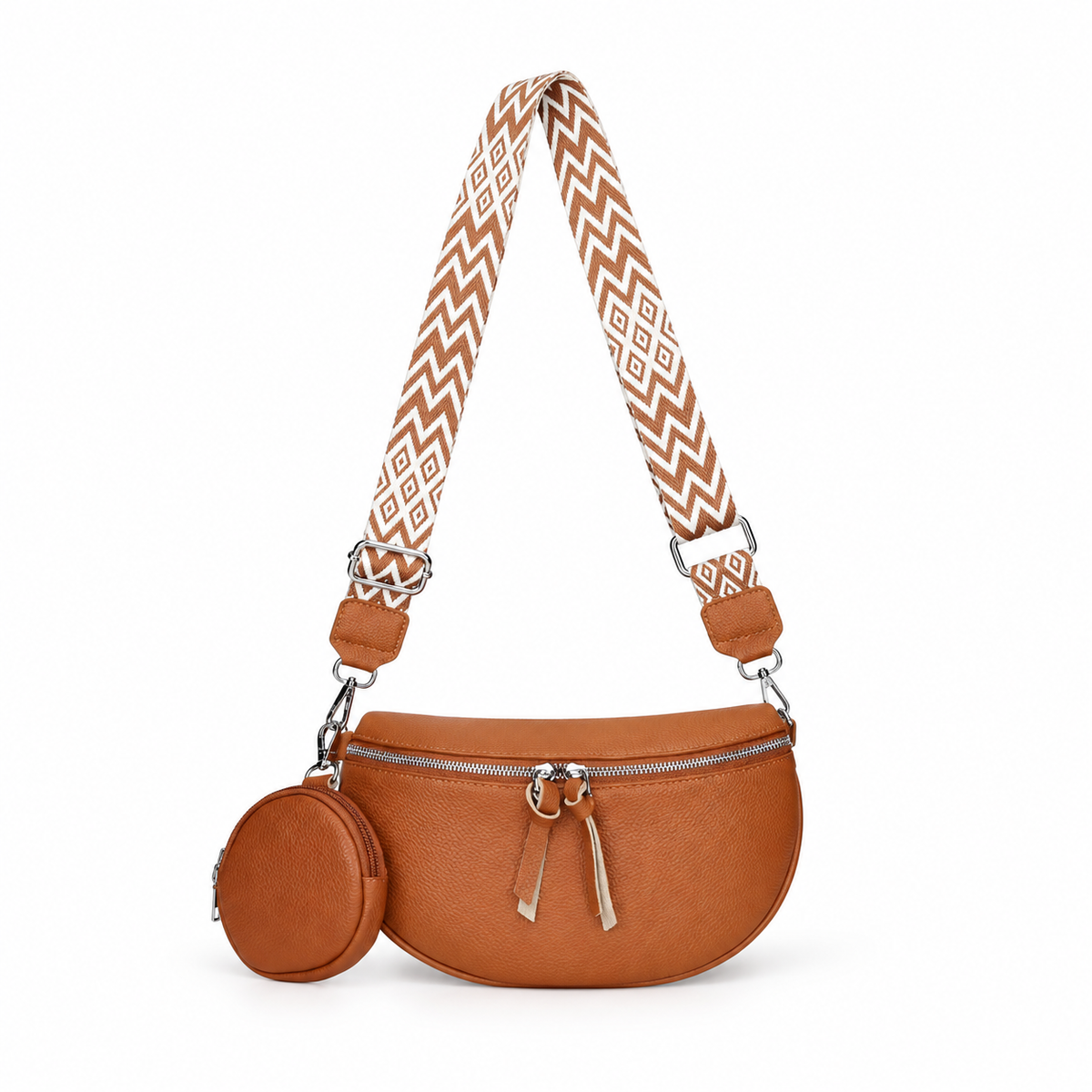 Brown Crescent Sling Bag With Pouch