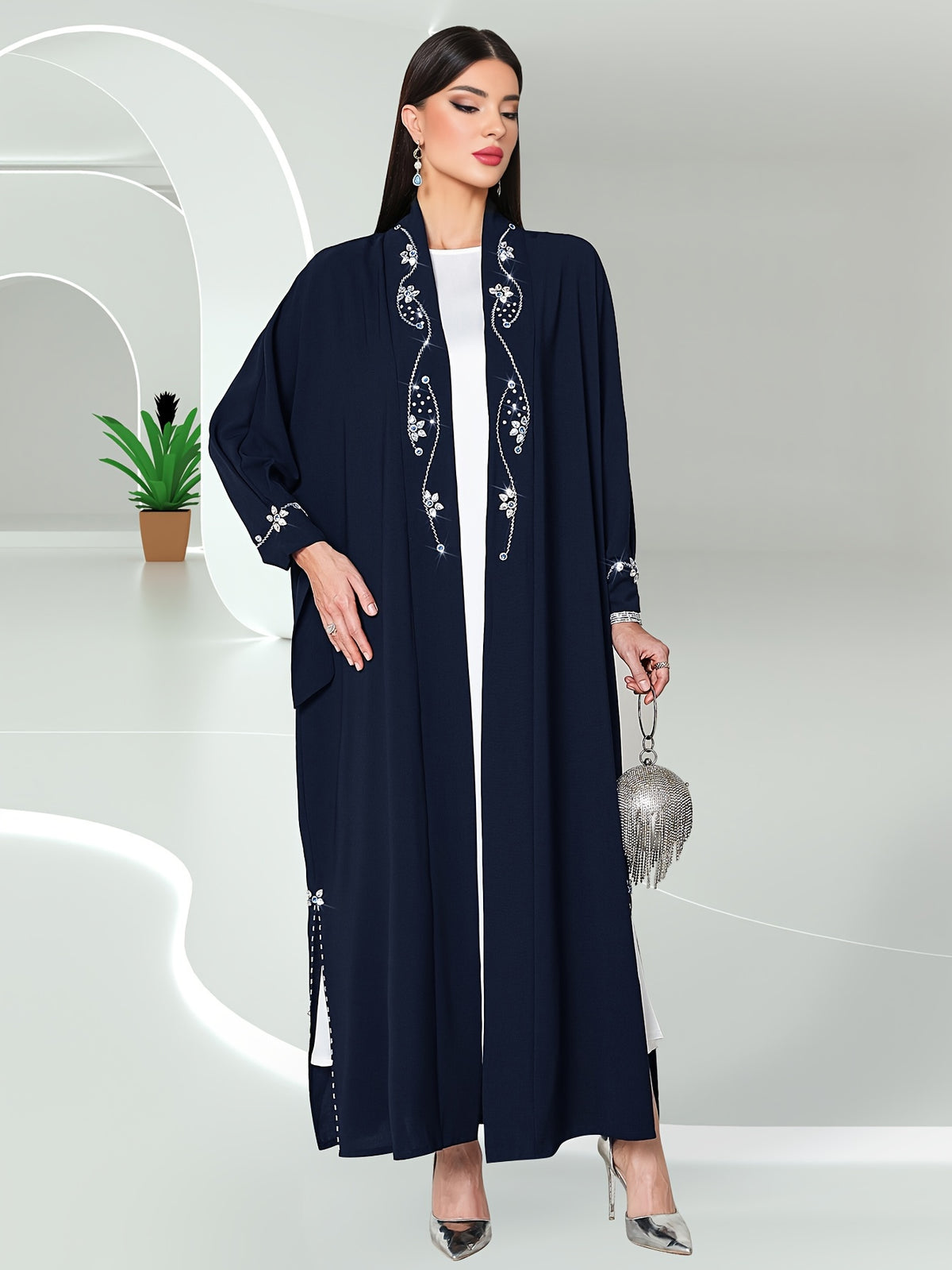 Hand-Sewn Rhinestone-Embellished Oversized Emirati Abaya - Middle Eastern-Inspired Elegance Collection, Solid Color Longline Cover-Up for Casual & Formal Wear, Hand Wash Only, Formal Coverup