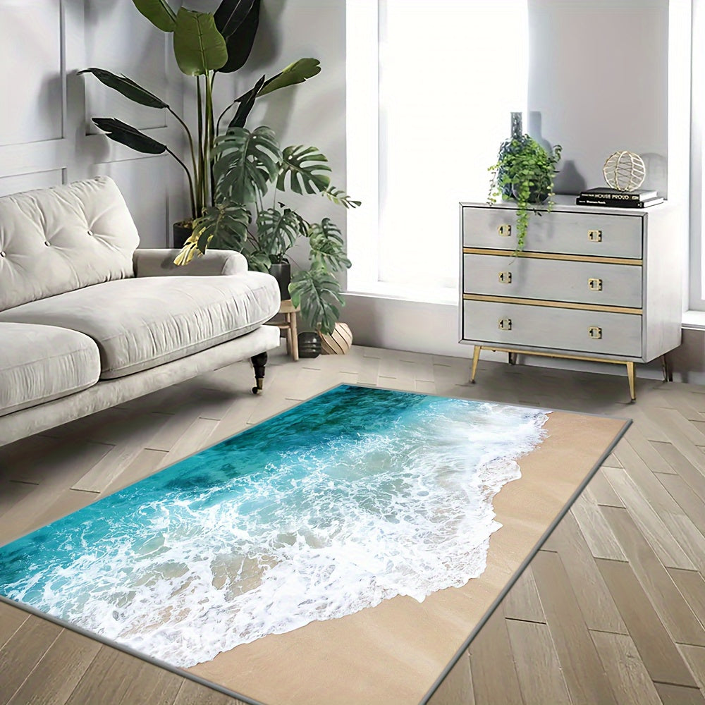 Washed Imitation Cashmere + Washed Backing Imitation Cashmere Weight 1200g per Square Meter + Thickness 8.6mm 1pc, Beautiful Mat with Beach Wave Pattern, Large Floor Mat Easy to Clean, Suitable for Outdoor Camping Rugs for De