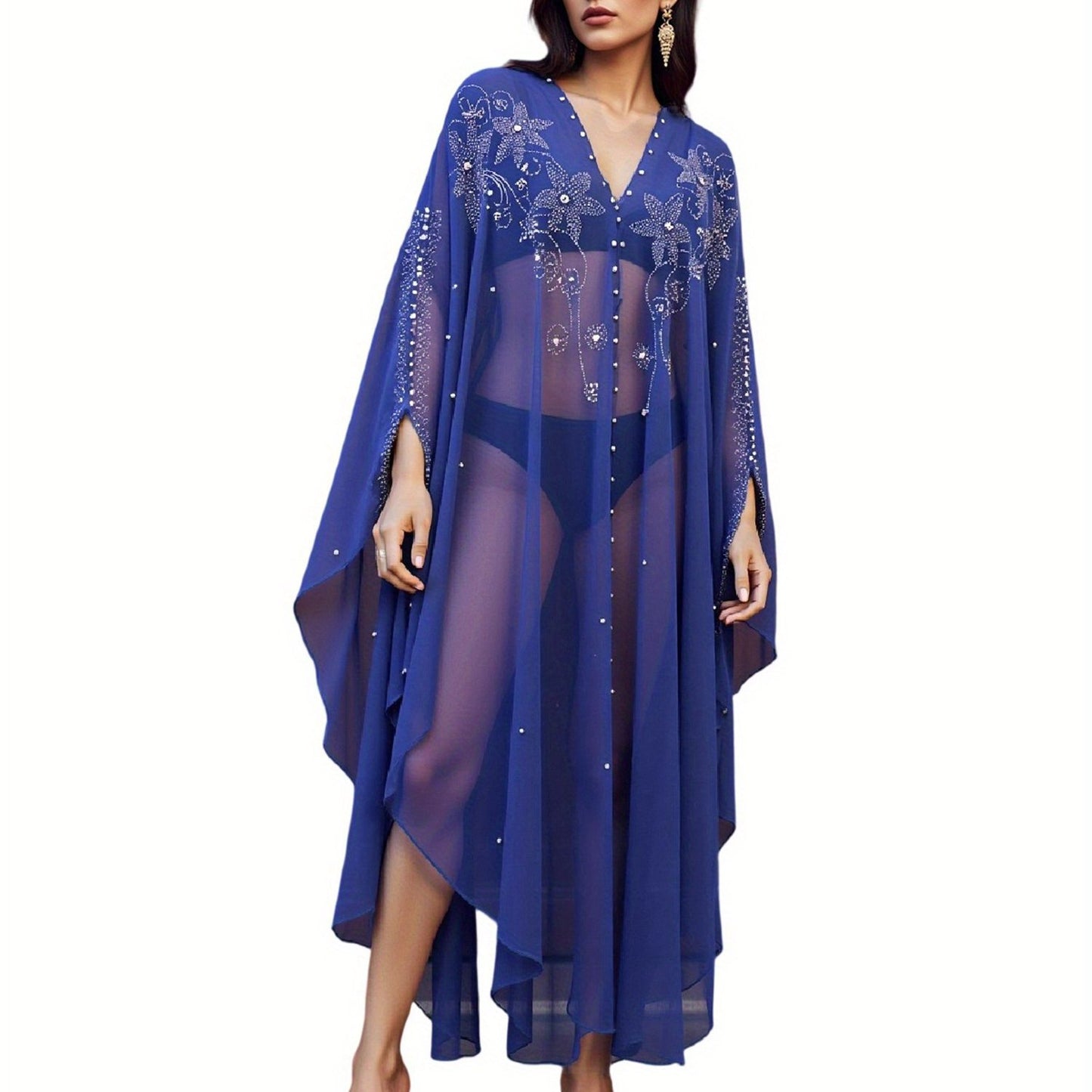 Women's Autumn Long Kaftan Dress Long Bat Sleeve Hooded Rhinestone Cape Abaya Arab Dress