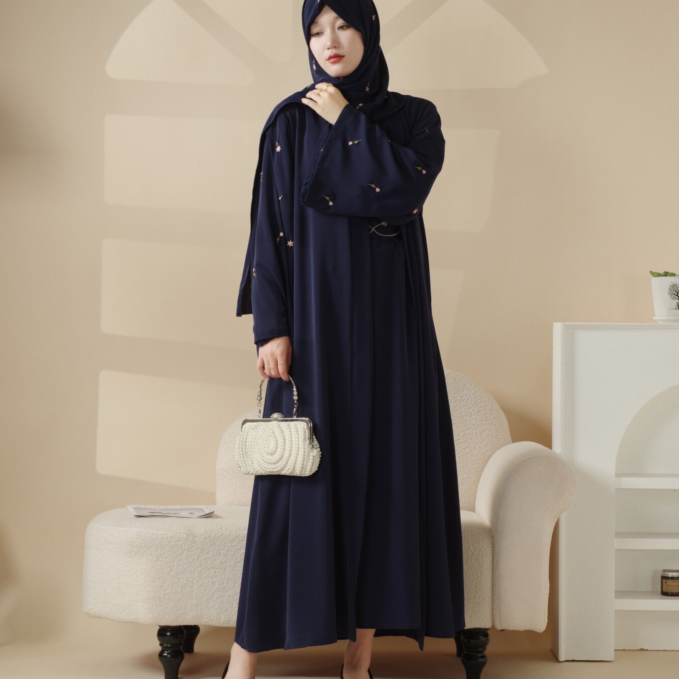 Tulip Embroidery Open Abaya 4pcs set: Includes open abaya, inner dress, matching belt, and hijab