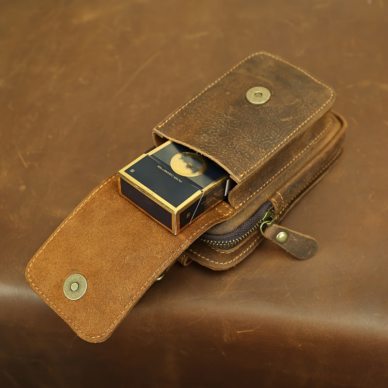 Men's Vintage Crazy Horse Top-Grain Vintage Leather Waist Bag, Casual Style, Multi-Functional Fanny Pack for Daily Commute, No Print, Durable Belt Hanging Pouch for Mobile Phone