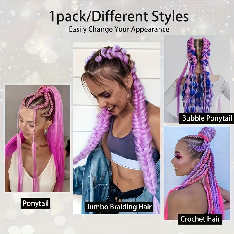 26 Inch Rainbow Synthetic Braided Hair Extensions - Luminous Twisted Hair with Vibrant Gradient Colors (Pink to Blue to Purple), Easy Clip-In for Women, Versatile Hairpiece for Parties & Casual Outfits, Party Hairpiece, Gradi