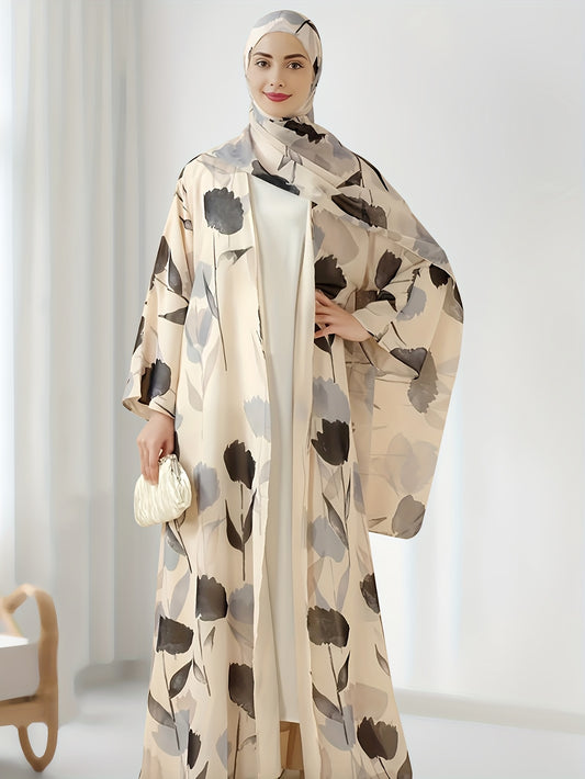 2pcs Elegant Muslim Women's Pakistani Abaya & Headscarf Set - Floral Print Long Sleeve Robe with Lightweight Comfortable Fabric, Perfect for Daily Wear, Family Gatherings, and Travel