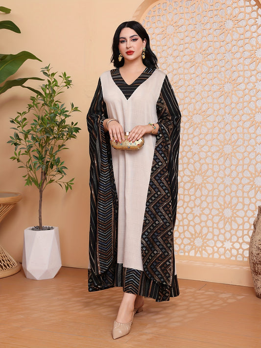 Directional Heavy-Duty Golden-Colored Beaded Embroidery Arabic Women's Elegant Kaftan Abaya with V-Neck, Majestic and Fashionable Traditional 2025 Spring/Summer