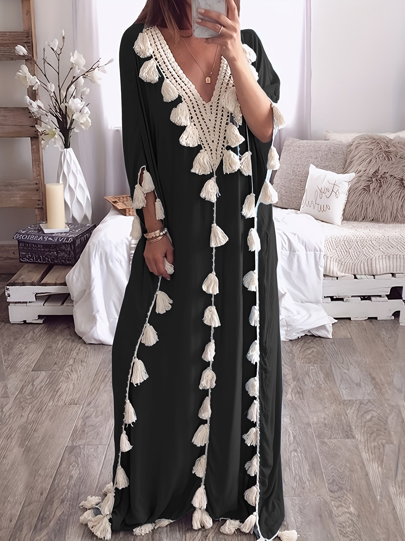 Womens Plus-Size Middle Eastern Kaftan Abaya, V-Neck Tassel Patchwork Gown Dress.