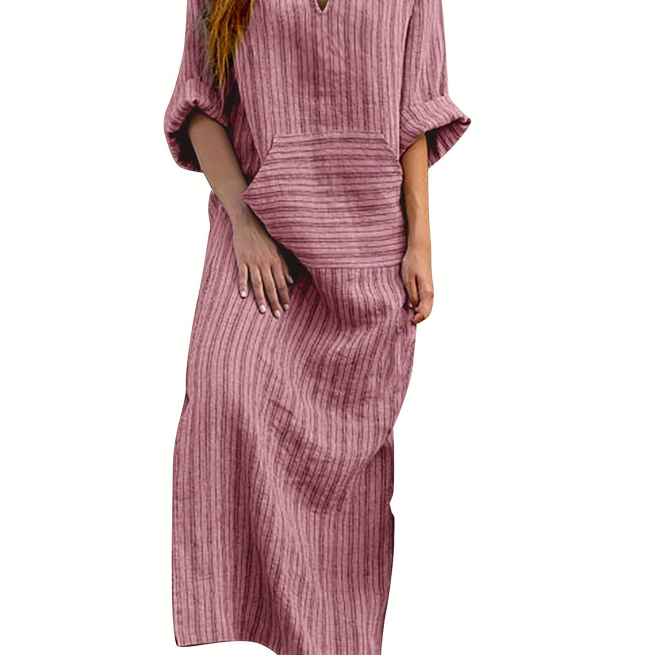 Women's Loose Dresses Striped V Neck Caftans 3/4 Sleeve Casual Loose Maxi Beach Dress with Pockets