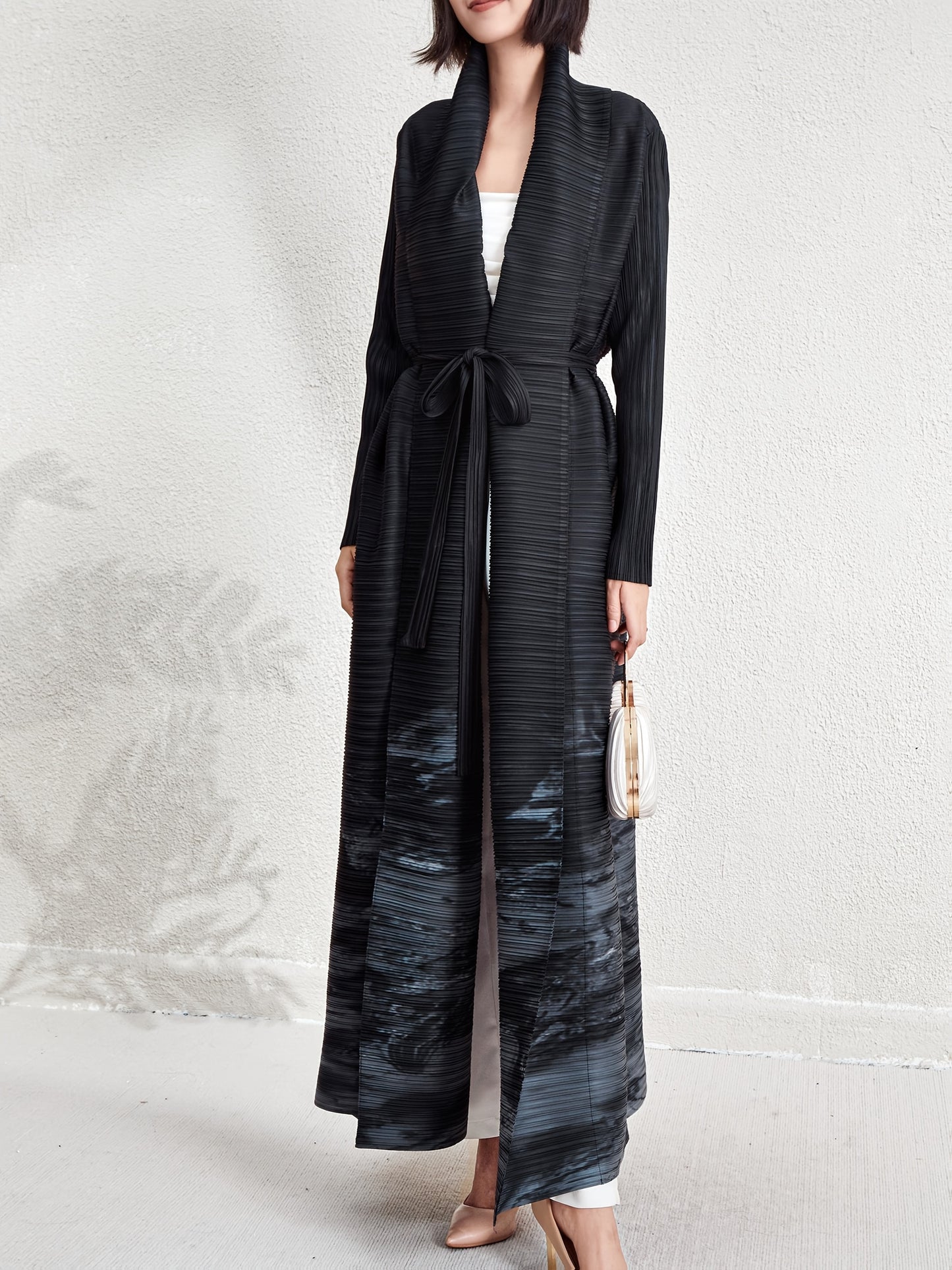 Elegant Dubai Muslim Abaya Cardigan Dress - High Elasticity Striped Pleated Long Robe with Adjustable Waist, Lightweight Comfort for Eid, Travel & Work | Spring Summer Fall A-Line Loose Fit Machine Washable, Modest Fashion, F