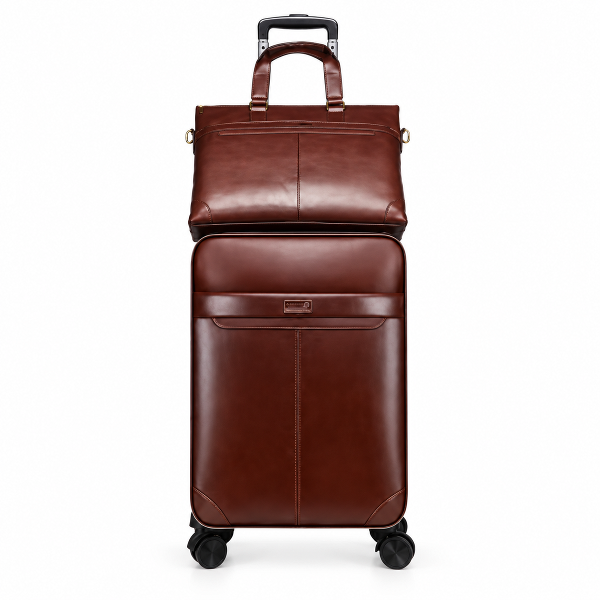Coffee Brown Leather Trolley Luggage With Tote