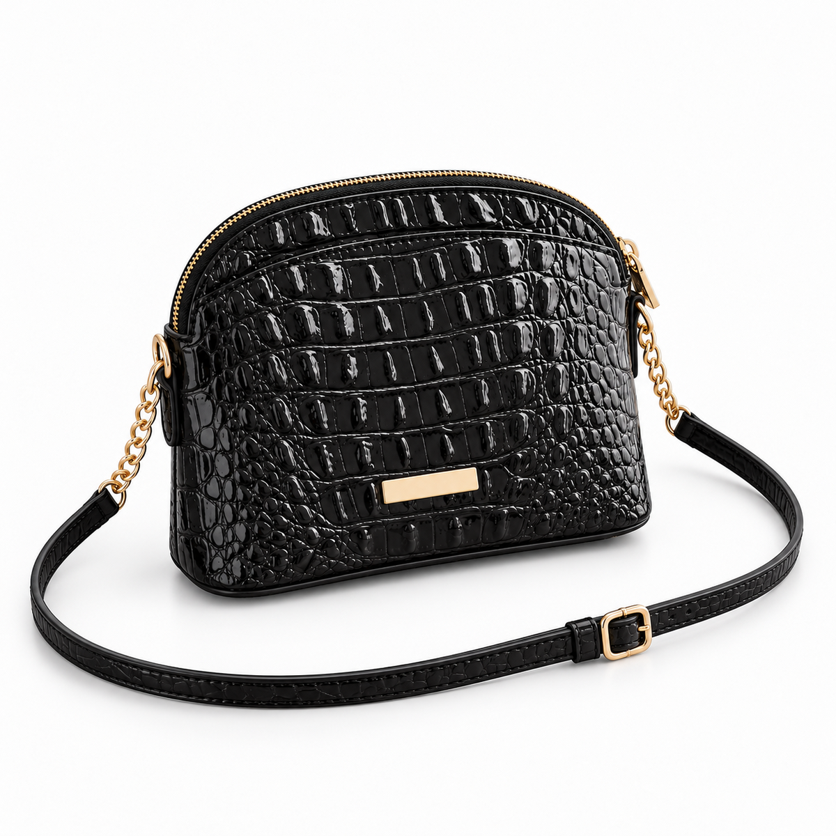 Black Crocodile Embossed Crossbody Chain Bag
