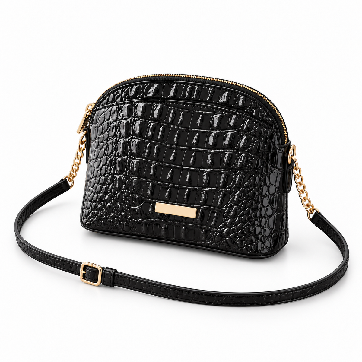 Black Crocodile Embossed Crossbody Chain Bag