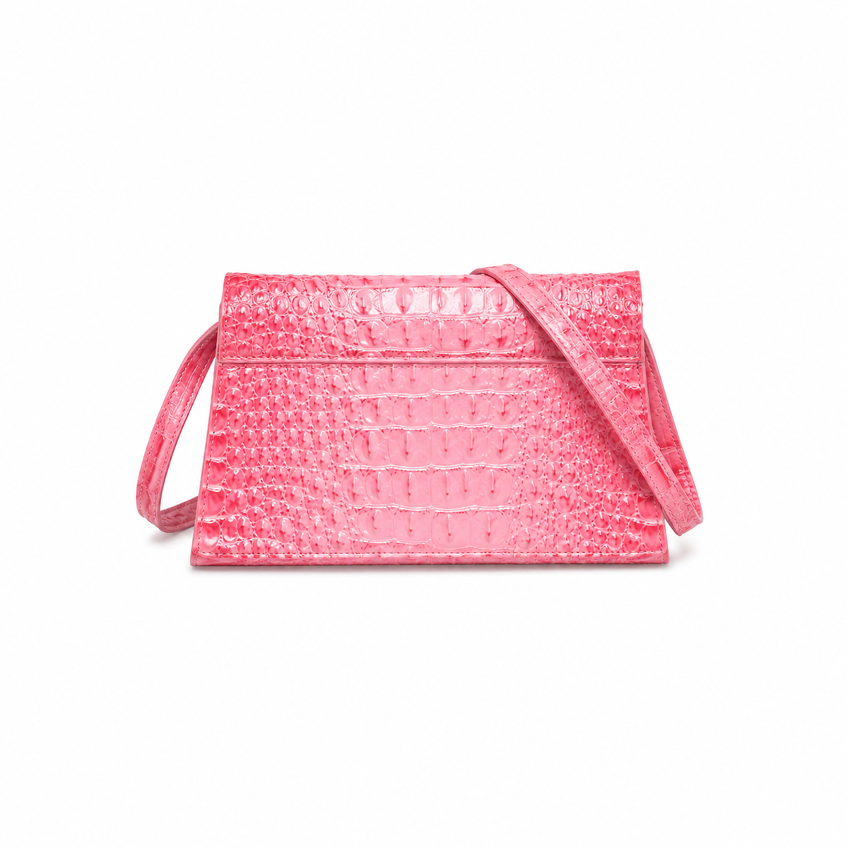 Pink Crocodile Embossed Leather Shoulder Bag